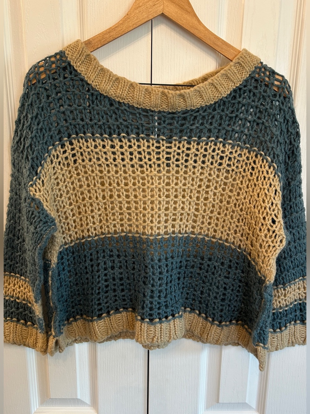 Free People Teal and Tan Open-Knit Striped Crew Sweater